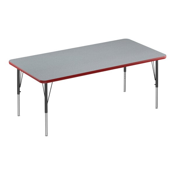 A rectangular grey Correll activity table with metal legs and red edges.