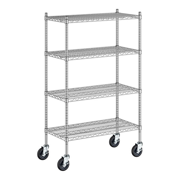 A Regency stainless steel wire shelving starter kit with wheels.