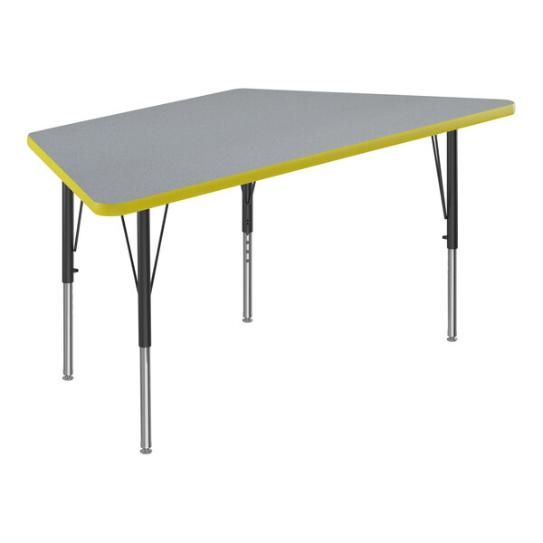 A grey and yellow trapezoid-shaped Correll activity table.