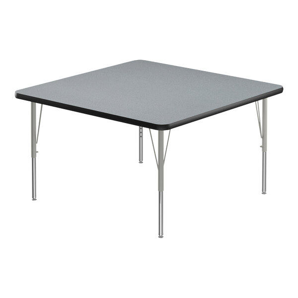 A square grey Correll activity table with silver legs and black T-mold edge.