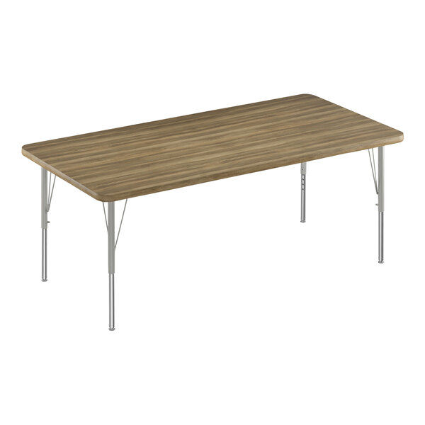 A rectangular wooden table with silver metal legs.