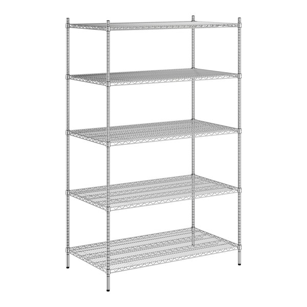 A wireframe of a Regency chrome stationary wire shelving unit with five shelves.