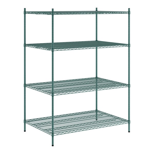 A green metal Regency wire shelving unit with four shelves.