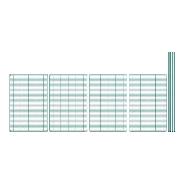 A Regency green wire shelving unit with four shelves on a white background.
