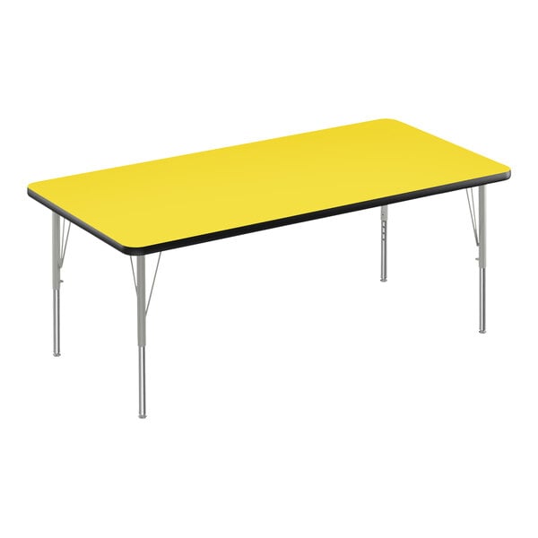 A yellow rectangular Correll activity table with silver legs and black edges.