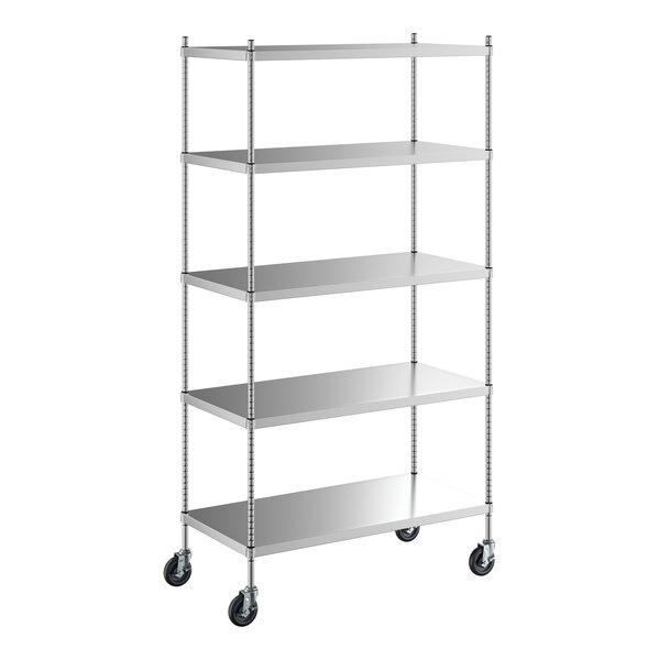 A Regency stainless steel shelving unit with wheels.