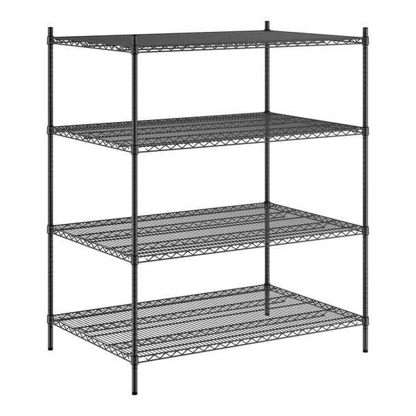 A Regency black metal wire shelving unit with 4 shelves.