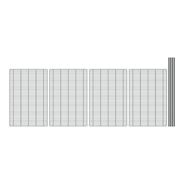 A row of black metal grids with four shelves.