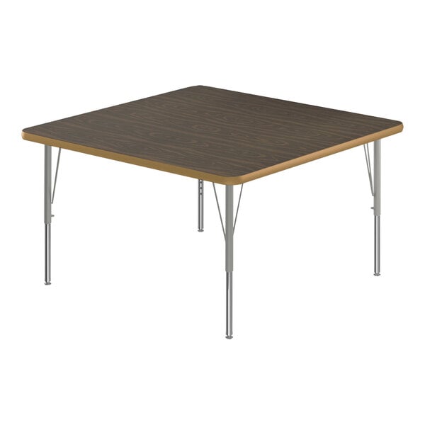 A square Correll activity table with a walnut top and metal legs.