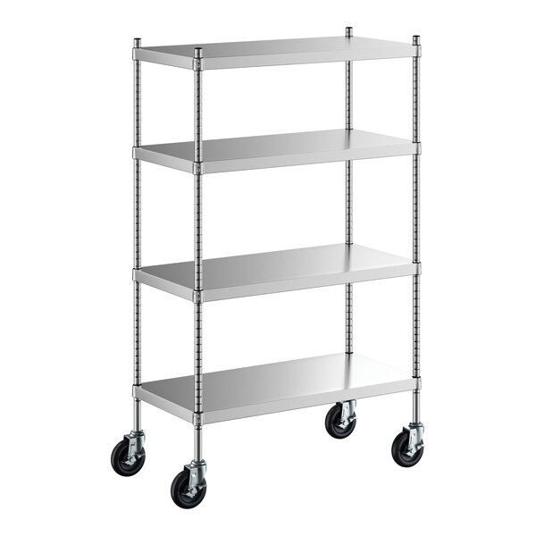 A Regency stainless steel shelving unit with wheels.