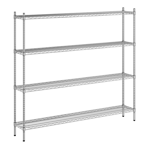 A wireframe of a Regency stainless steel wire shelving unit with four shelves.