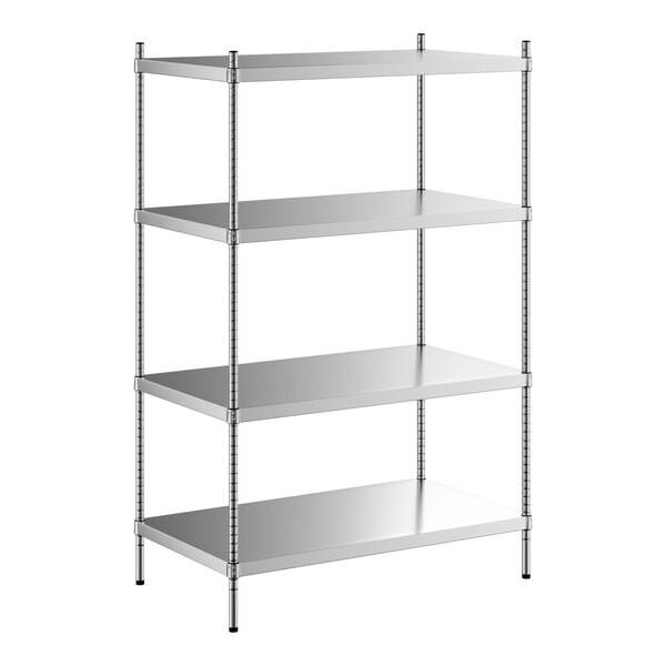 A Regency stainless steel shelving unit with four shelves.