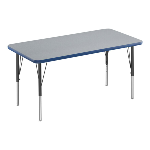 A rectangular Correll activity table with black legs and a blue edge.