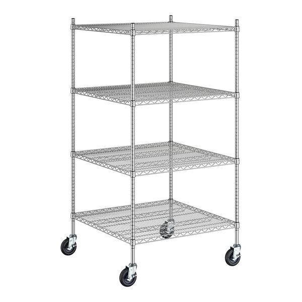 A Regency stainless steel wire shelving starter kit with wheels and four shelves.