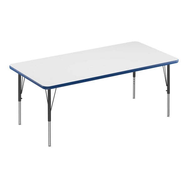A white rectangular Correll activity table with a blue edge.