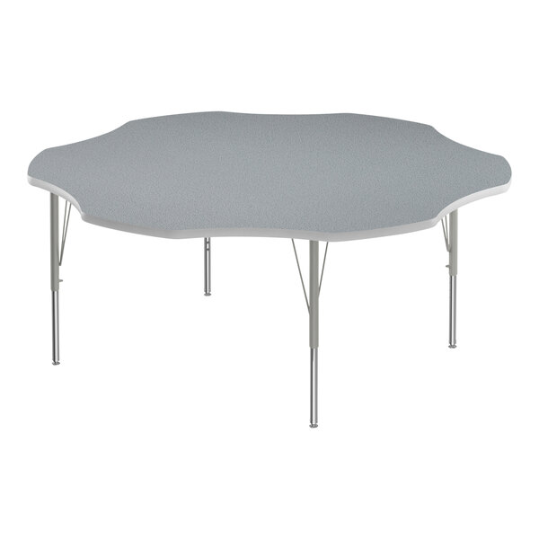 A Correll gray activity table with silver legs and gray T-mold.