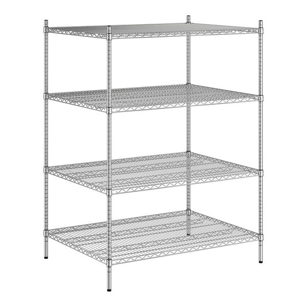 A wireframe of a Regency stainless steel wire shelving unit with four shelves.