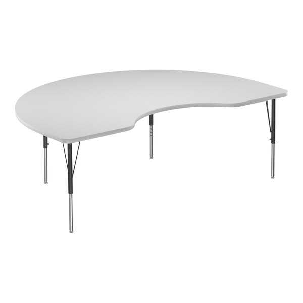 A white table with a curved edge and metal base.