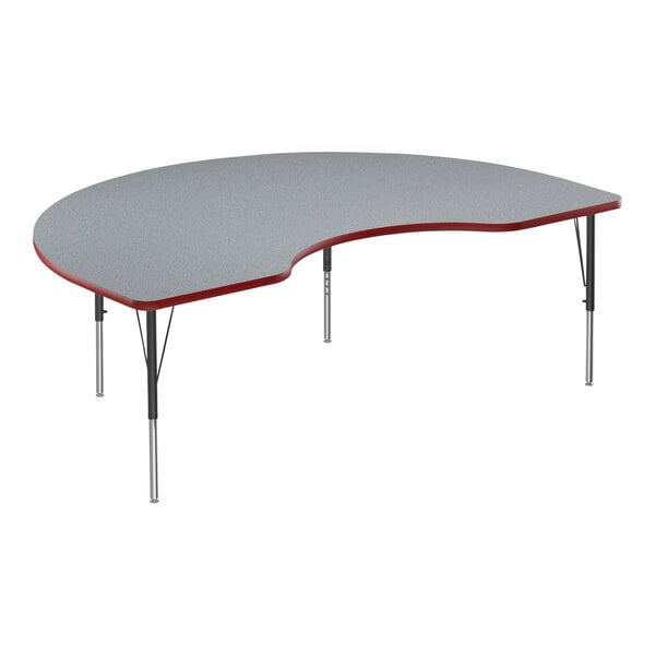 A grey and red Correll kidney-shaped activity table with black legs.