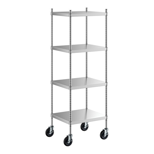 A Regency stainless steel mobile shelving unit with 4 shelves and wheels.