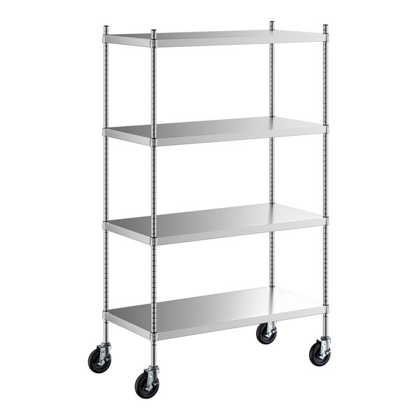 A Regency stainless steel mobile shelving starter kit with wheels.