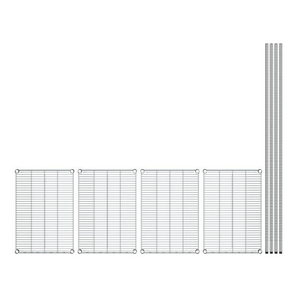 A line of metal grids with four shelves.