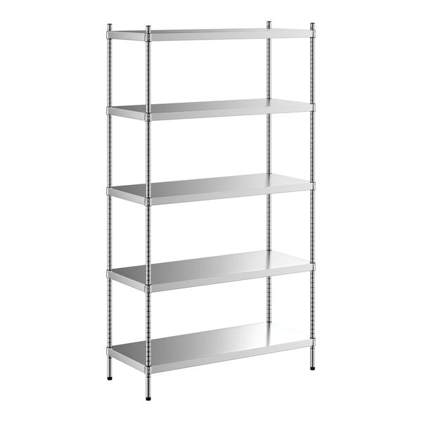 A Regency stainless steel shelving unit with five shelves.