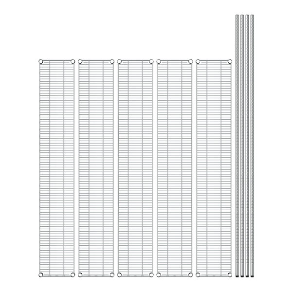 A white rectangular wire shelving unit with black lines and wire grids and rods.