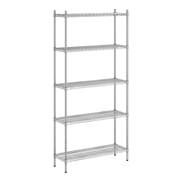 A wireframe of a Regency stainless steel wire shelving unit with 5 shelves.