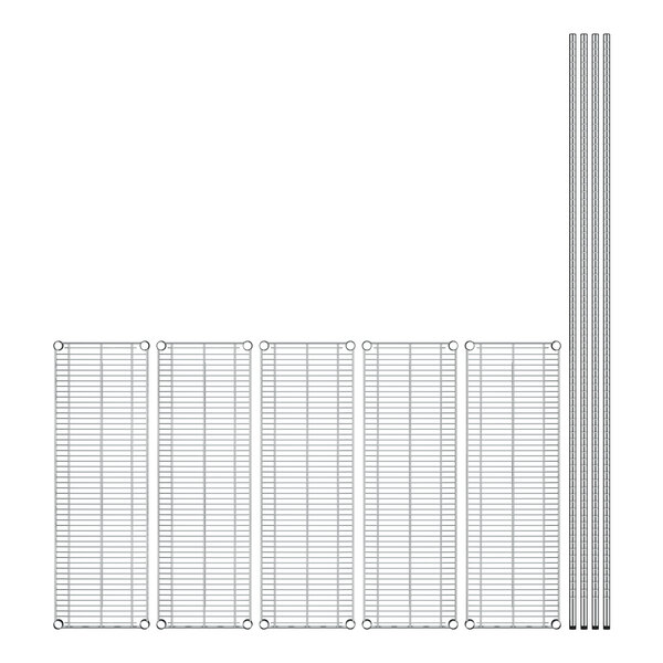 A row of wire racks with metal shelves and metal rods.