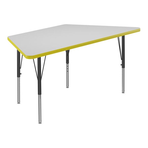 A white rectangular Correll activity table with yellow T-mold and black legs.