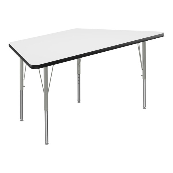 A white trapezoid table with a black edge.