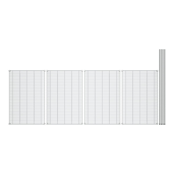 A white grid of wire shelves on a white background.