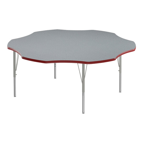A grey high-pressure laminate activity table with a red edge and silver legs.
