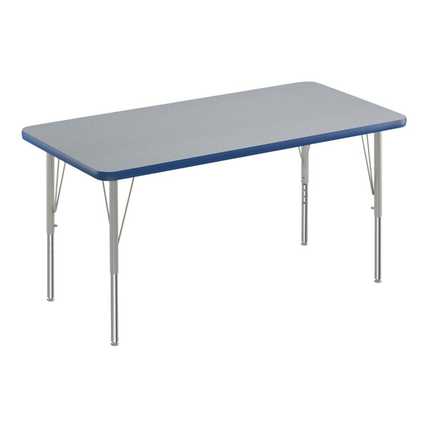 A rectangular activity table with a blue edge and silver legs.