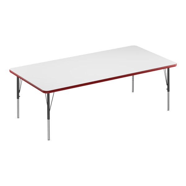 A rectangular white Correll activity table with a red edge.