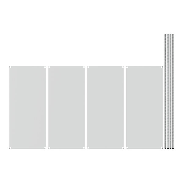 A white rectangular object with metal rods and four shelves.