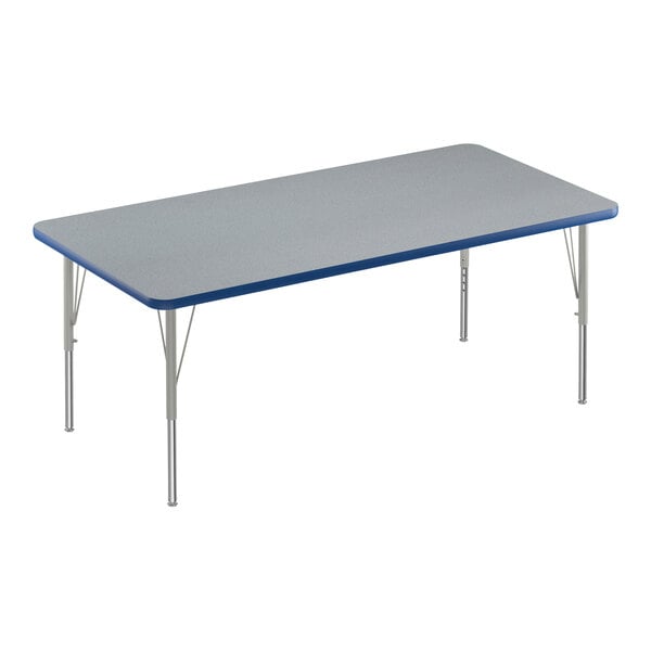 A rectangular table with a grey top and blue edge on silver legs.