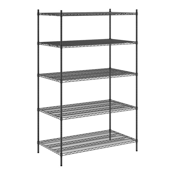 A black metal Regency wire shelving unit with 5 shelves.