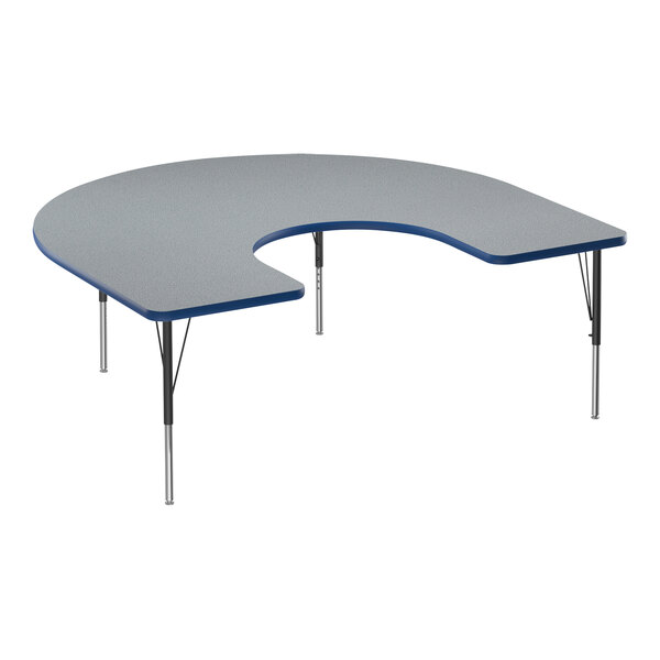 A grey high-pressure laminate horseshoe activity table with black legs and blue trim.