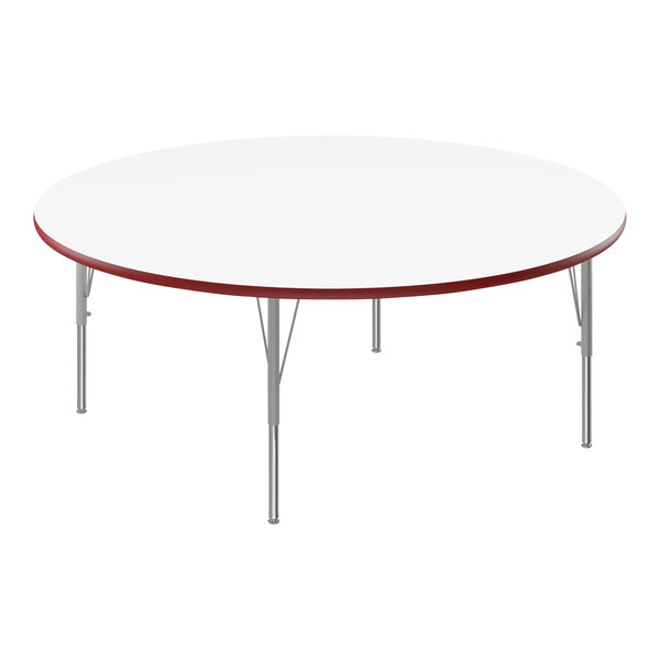 A white Correll round activity table with a red edge and silver legs.