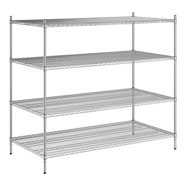 A wireframe of a Regency stainless steel wire shelving unit with four shelves.