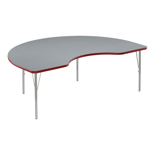 A grey and red Correll Kidney Activity Table with silver legs and red T-mold.