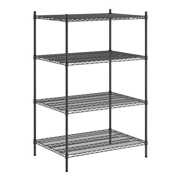 A black metal Regency wire shelving unit with four shelves.