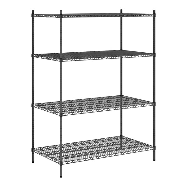 A black metal Regency wire shelving unit with four shelves.