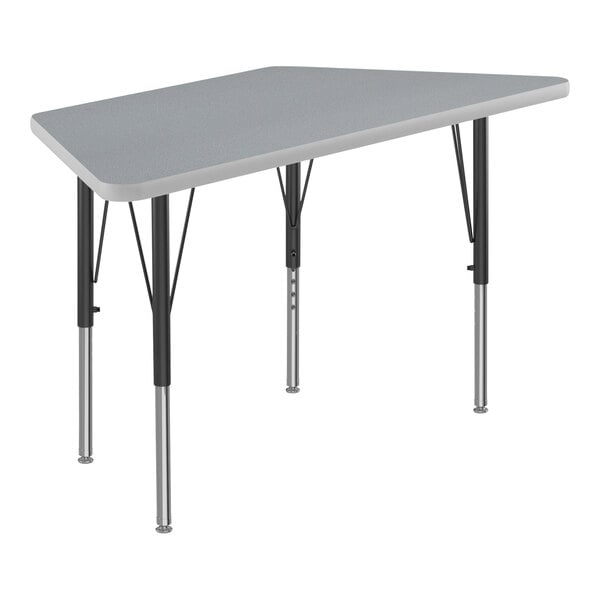 A grey trapezoid activity table with black legs.