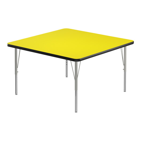A yellow square table with silver legs and black edge.