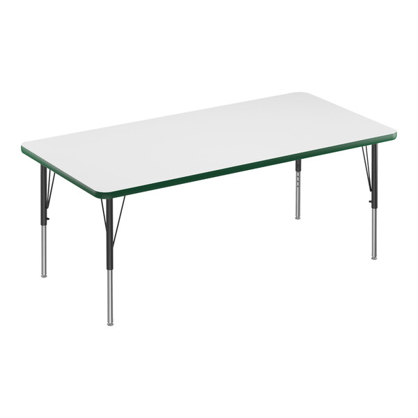 A white rectangular Correll activity table with a green edge.