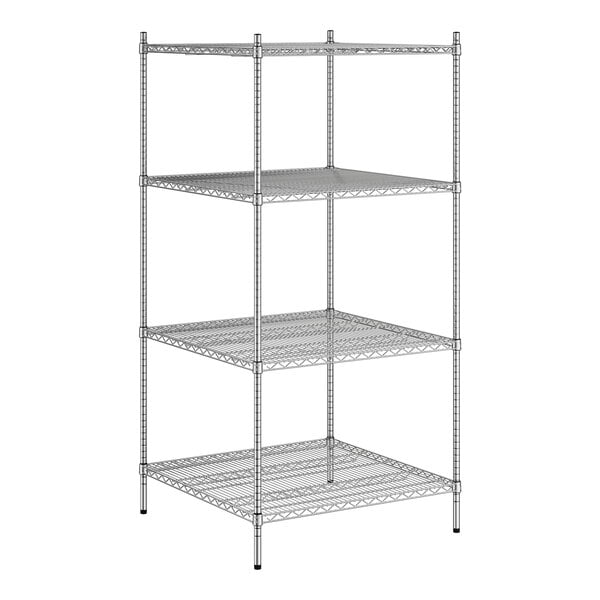 A wireframe of a Regency metal shelving unit with four shelves.