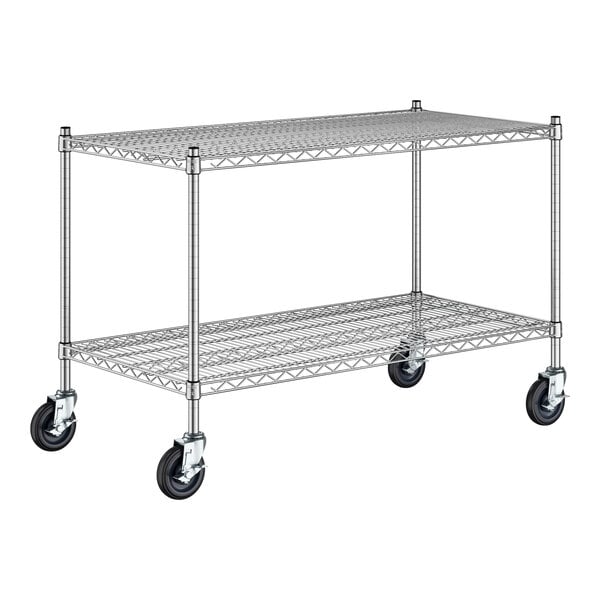 A metal shelf with wheels.